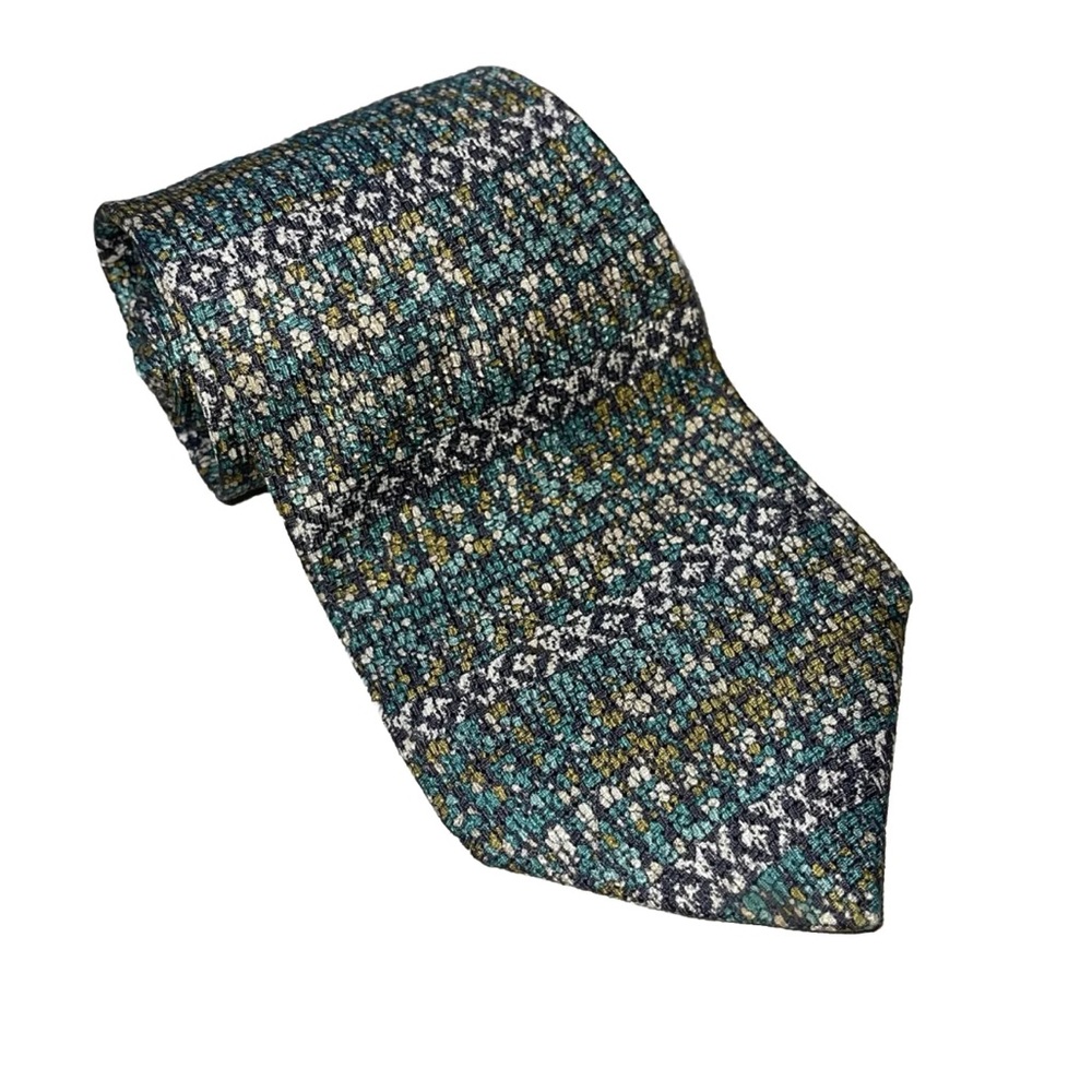 Vintage Missoni 100% Green Patterned Silk Tie Blue Green Colors Made In Italy